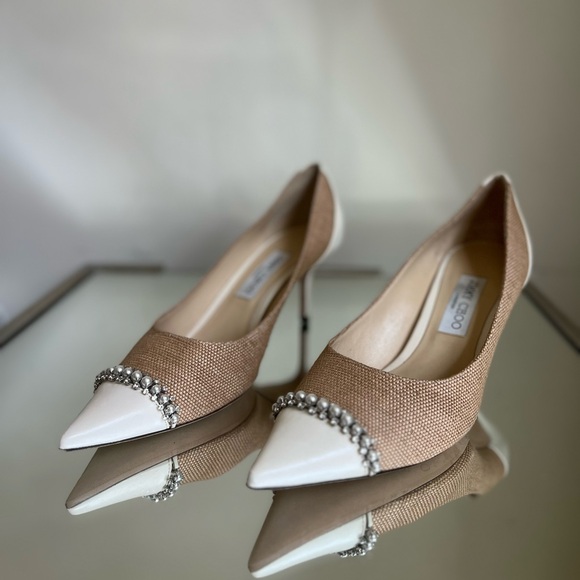 Like new Jimmy Choo Love 65 natural raffia crystal pearls latte pumps 41 - Picture 2 of 9